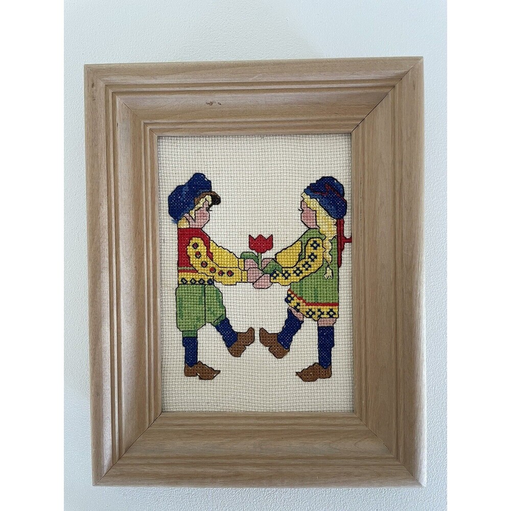 Framed Completed Dutch Girl and Boy Cross Stitch Hand Stitched  Nice 9x7